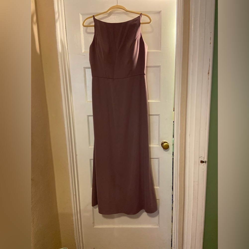 Full length spaghetti strap dress bateau neckline open back flared trumpet skirt